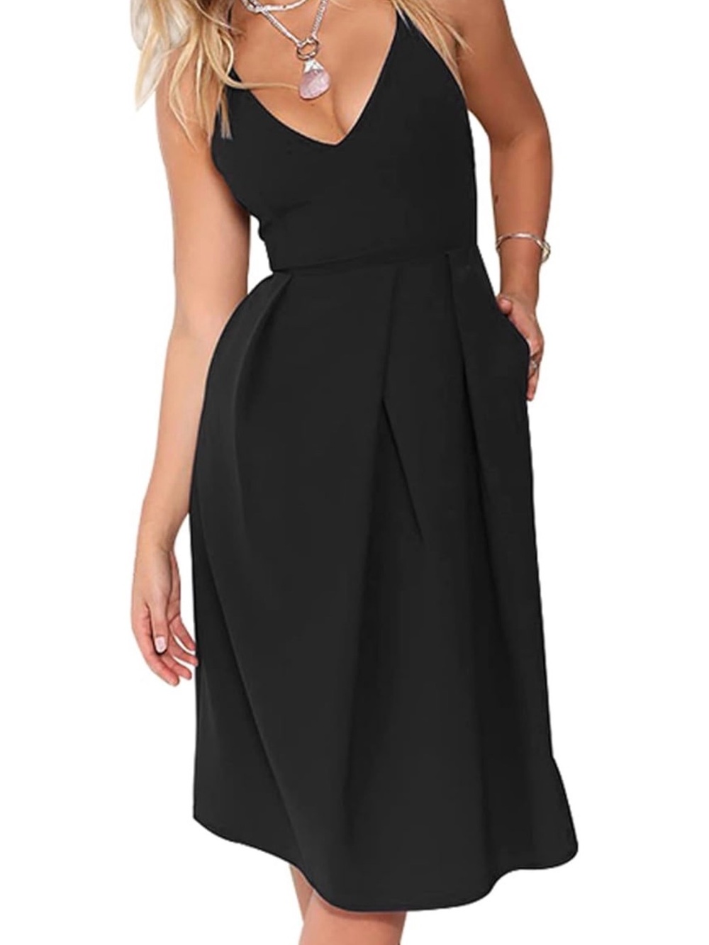 Women's Black Spaghetti-Strap V-Neck Dress